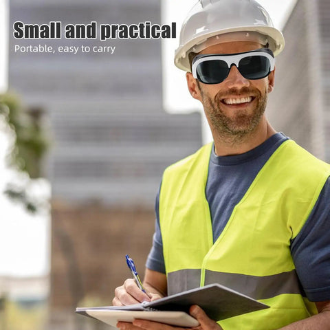 Kickass Protective Eyewear And Safety Glasses With Lenses For Welders Lightweight Adjustable Fit Anti Scratch 10 Piece Pack worn by a man in a hard hat.