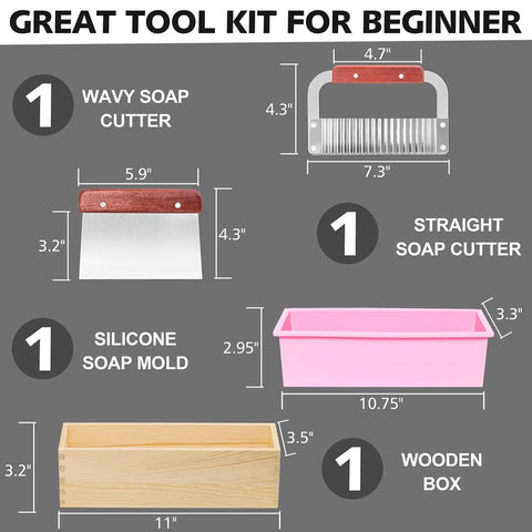 Rectangular Soap Mold Kit With Cutter For DIY Soap Making, 42oz Flexible Silicone Loaf Mold With Wooden Box And Stainless Steel Wavy And Straight Scrapers shown in diagram.