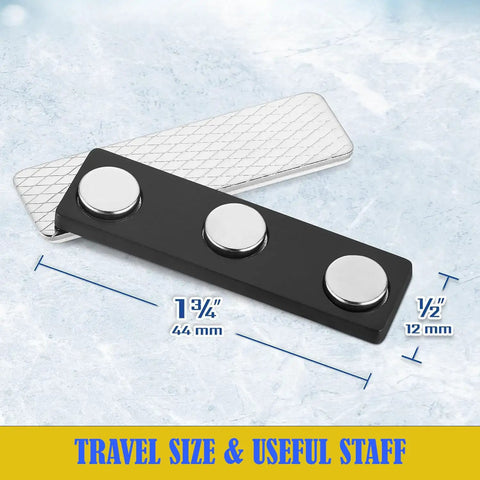 Rock Solid Magnetic Badge Holders Three Pack For Shirts Uniforms And Name Tags Featuring Neodymium Magnets on icy background