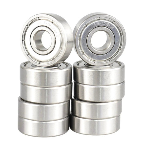 10 Pack S608ZZ Stainless Steel Ball Bearings 8X22X7MM ABEC 5 Precision units stacked, showcasing dual metal shielded design.
