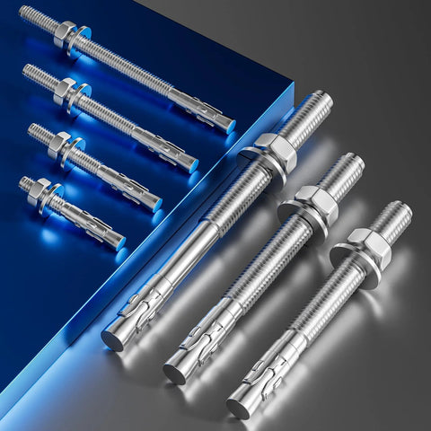 10 Pack 1/4 By 1-3/4 Inch Heavy Duty 304 Stainless Steel Wedge Anchors For Concrete And Cement with nuts and washers visible