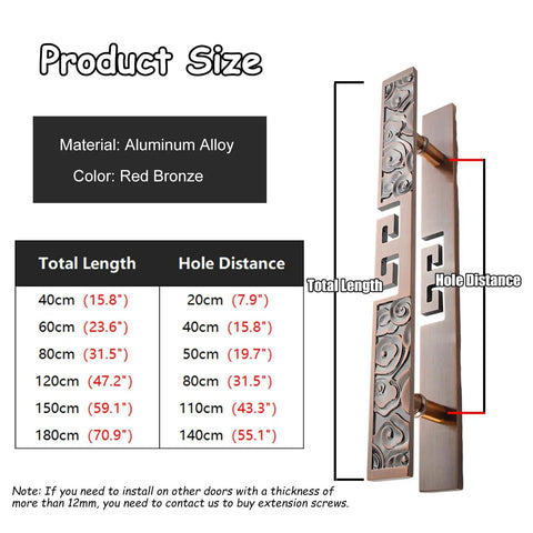 Red Antique Brass Door Pull Handle Set, Double Sided For Single Or Double Doors, diagram showing dimensions and materials