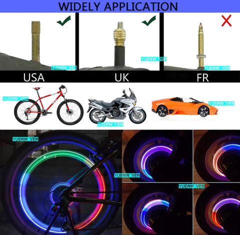 4 Pack LED Bike Wheel Valve Cap Lights Waterproof Tire Valve Stems Flashy Lights For Cars Bicycles And Motorcycles Night Safety Reflectors Spoke Accessories For Men Women Kids installed on different vehicles