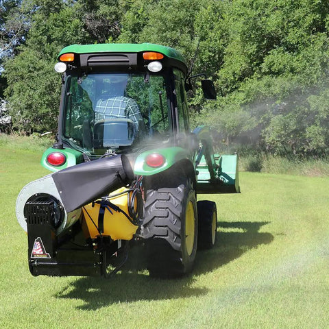 Tractor sprayer in action with Beefy 4.0 GPM 12V Diaphragm Pump With Half Inch NPT Ports, rugged polypropylene manifold