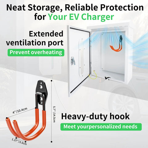 Keep Your Ride Secure With This Heavy Duty Outdoor EV Charger Lock Box Featuring Bright Viewable Window Compatible With Tesla Wall Mount And Universal Cables Smooth Garage Setup, showcasing internal ventilation and hooks.
