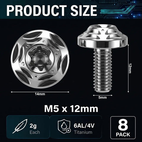 Dope Build Grade Five Titanium Bottle Cage Bolts M5 By 12 Millimeter T25 Torx showing size and features, lightweight 8 pack titanium screws.