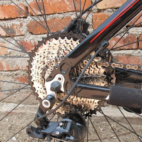 Close-up of bike with 8 Speed Wide Ratio Cassette 11-40T For Mountain Bike And Road Bicycle Fits SRAM And Shimano 8 Speed Systems