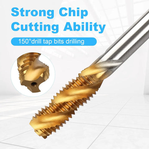 Close-up of Pro Grade Titanium Coated HSS Spiral Flute Tap displaying strong chip cutting ability for precision jobs.