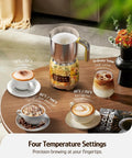 Detachable Milk Frother With Four Temperature Settings Delivers Barista Style Foam For Hot Or Cold Drinks Five In One Frothing And Heating Options Dishwasher Safe 400ml Perfect For Latte Cappuccino Hot Chocolate on table showing temperature options