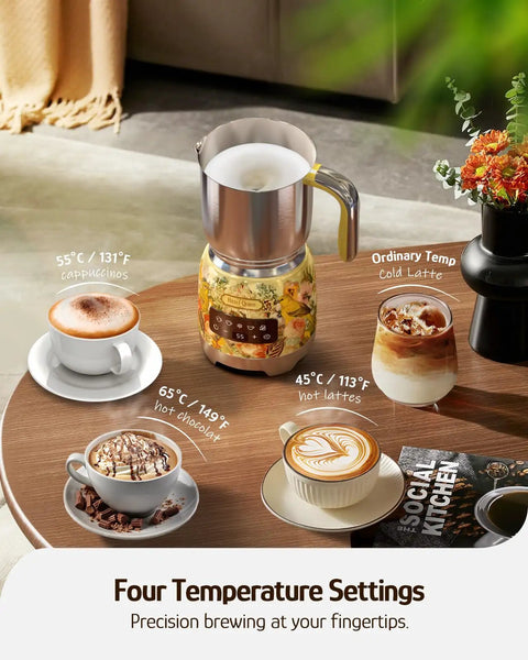 Detachable Milk Frother With Four Temperature Settings Delivers Barista Style Foam For Hot Or Cold Drinks Five In One Frothing And Heating Options Dishwasher Safe 400ml Perfect For Latte Cappuccino Hot Chocolate on table showing temperature options
