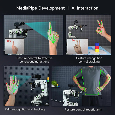 6DOF Programming Robotic Arm Kit With 3D Adaptive Gripping And Embodied Intelligence Pro Grade AI Model For Mechanical Engineers Python Friendly Control Standard Nano 4GB With ROS Master Compatibility demonstrating gesture and posture control with AI interaction.