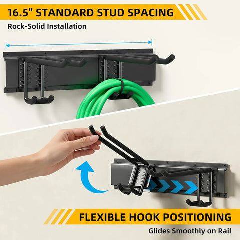 Beefed Up Garage Tool Organizer With Six Double Layer Hooks And Extended 49.5 Inch Wall Mounts Made From Powder Coated Steel, displaying flexible hook positioning.