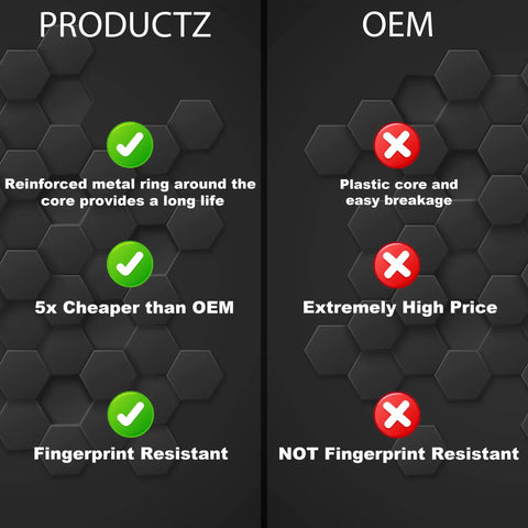 Comparison chart of ProductZ vs OEM features, showing reinforced metal ring and fingerprint resistance for Replacement Oven Knobs Set for Black Stainless Steel Ranges Easy Grip Control Knobs for Precise Temperature Durable Kitchen Accessory for Home Chefs At Home.