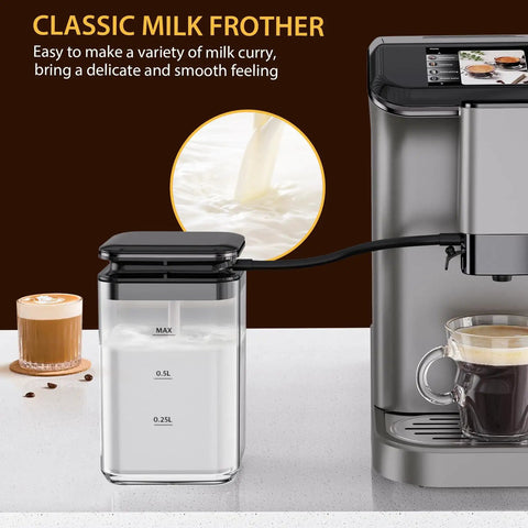 Ultimate Game Changer Super Automatic Espresso Machine With Built In Grinder And One Touch Milk Frother Bean To Cup Coffee Maker showcasing a milk frother with milk.