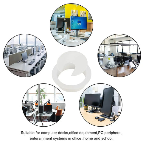 Straight Up Slick 2 Inch Desk Grommet Covers 20 Pack plastic cable hole protectors shown in various office setups.