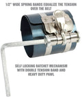 Adjustable Piston Ring Compressor Tool fits 3.5 to 7 inch pistons with spring steel body, visible ratchet mechanism.