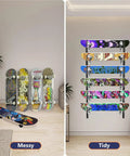 6 Tier Skateboard Wall Mount Rack For Snowboard Longboard And Deck Storage Modular Garage Gear Organizer to keep boards tidy.