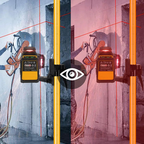 Top Shelf Red Laser Safety Glasses With Slick Visibility Boost And Flexible Adjustable Frames To Beat Eye Fatigue On Busy Job Sites Plus Comes With A Nifty Hard Shell Case worn with a laser level on a job site.