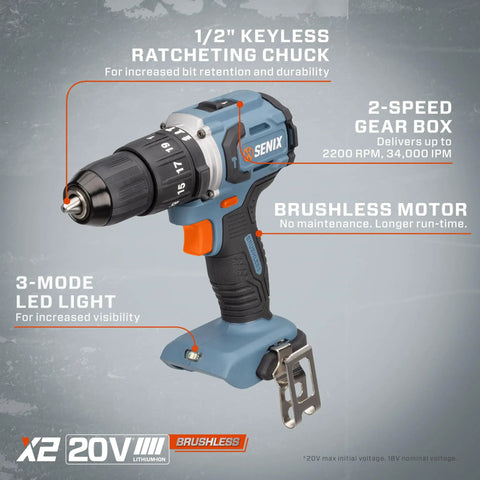 Cordless 20-Volt Max 1/2-Inch Hammer Drill Driver with keyless chuck and LED light for home projects.
