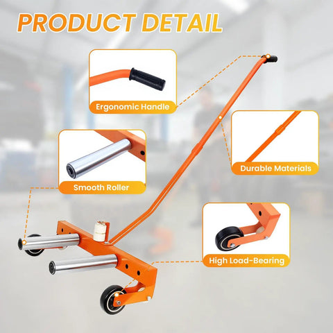 Heavy Duty Tire Wheel Dolly With Adjustable Width And Reinforced Steel Body For Quick Garage Hauling Of Car Truck And Trailer Tires Featuring Low Profile Rollers Up To 580 Pounds Capacity showing ergonomic handle and smooth rollers.