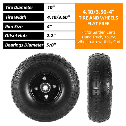 Built Tough Flat Free Tires And Wheels 10 Inch 4.10X3.50-4 Pair Ready To Roll with 5/8 Inch Bore Offset Hubs for utility use.