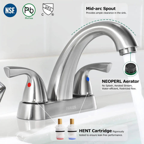 Two Handle Deck Mounted Bathroom Sink Faucet With Brushed Nickel Finish, Includes Lead Free Drain Assembly And Supply Hoses