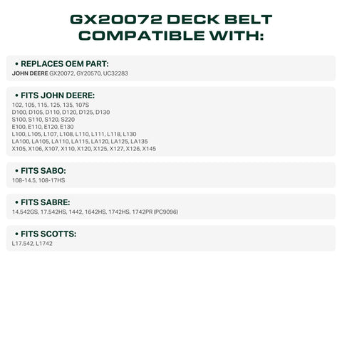 GX20072 deck belt replacement compatible with John Deere 42 inch mowers, fits various models like D110, L110, and more.