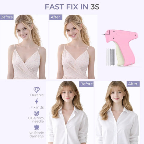 Before and after showing the Dang Quick Stitch Gun For Clothes, Lightning Fast Sewing Mender With Micro Fasteners, Slick Handheld Garment Repair Tool, No Sweat Pocket Packing Fixer For Pants And Shirts, Pink.