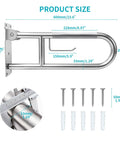 Flip Up Toilet Grab Bar With Built In Tissue Holder And Non Slip Knurled Grips Solid Bathroom Safety Rail Heavy Duty Support for Shower Tub and Easy Access top view with dimensions and accessories.