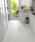 Bright kitchen with Off White Marble Peel And Stick Vinyl Floor Tiles 12x12 Waterproof Self Adhesive, showing DIY installation.