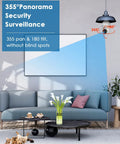Light Bulb Security Camera 360 Degree Pan Tilt Wireless Outdoor Home Surveillance Kit showing 355° pan and 180° tilt in living room