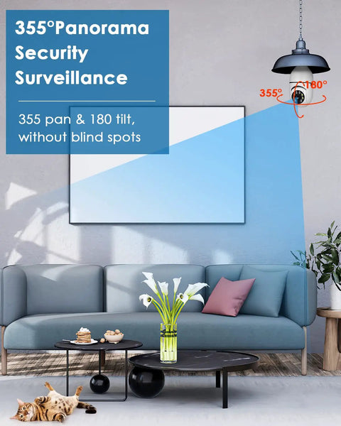 Light Bulb Security Camera 360 Degree Pan Tilt Wireless Outdoor Home Surveillance Kit showing 355° pan and 180° tilt in living room