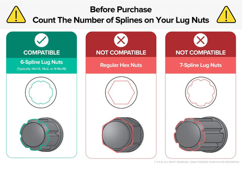 Before purchasing Heavy Duty 6 Spline Lug Nut Socket Key Removal Tool, check compatibility with 6-spline, hex, and 7-spline lug nuts.