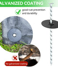 Heavy-Duty Galvanized Landscape Stakes With Gasket Caps, 6.3 Inch Garden Spikes For Securing Weed Barriers Artificial Lawn Patio Rugs And More, 50 Pack Durable Steel Garden Fixers showing spiral design and installed with fabric