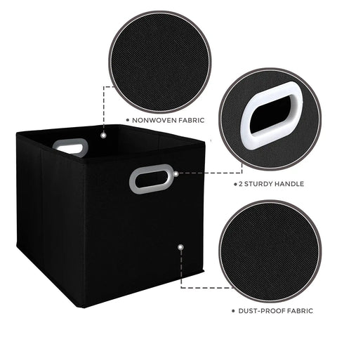 Collapsible Fabric Storage Bins Set Of Six With Sturdy Reinforced Base And Rugged Double Handles For Closets Bedrooms And Nurseries Top Shelf Build Keeps All Your Stuff Securely Put Away Black showing durable black nonwoven fabric and sturdy handles.