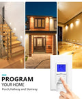 7 Day Programmable Astronomical In Wall Timer Switch For Lights, Fans And Motors shown with home lighting examples
