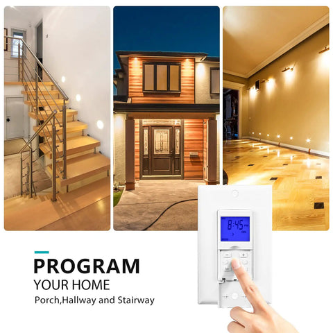 7 Day Programmable Astronomical In Wall Timer Switch For Lights, Fans And Motors shown with home lighting examples