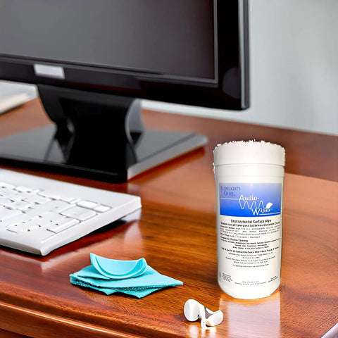Alcohol Free Electronics Cleaning Wipes For Screens Keyboards Phones And Gaming Controllers Fast Drying Individually Wrapped 160 Count Safe For All Gadgets And Accessories, on desk with computer monitor and keyboard