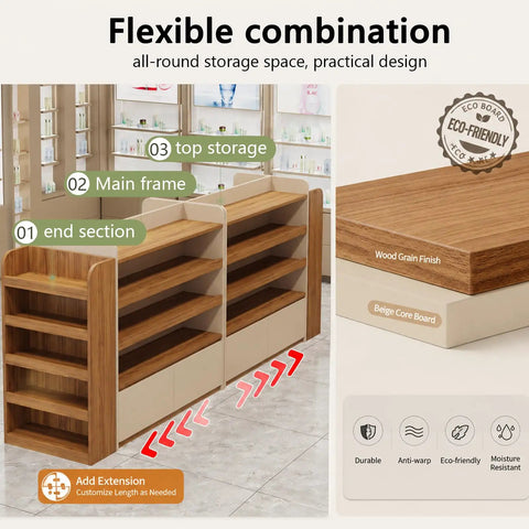 Heavy Duty Double Sided Gondola Shelving With Storage Cabinet Built Tough For Retail Shops And Boutiques showing end section and top storage.