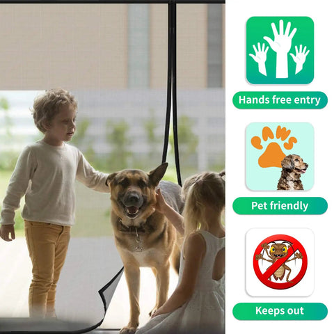 Garage Door Screen For 2 Car Garage With Magnetic Closure And Heavy Duty Weighted Bottom Self Sealing Fiberglass Mesh Retractable Net in use with dogs and children.