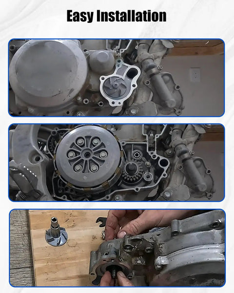 Built Tough Billet Water Pump Upgrade Kit With Heavy Duty Impeller And Leak Free Seals For Hardcore Dirt Bike Riders Craving Slick Cooling Performance On Gnarly Trails installation process overview with parts.
