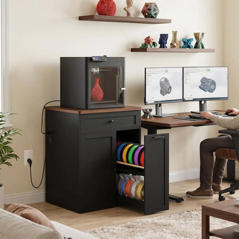All In One 3D Printer Cabinet With Slick Rolling Filament Storage Drawer For Large Printers And Sweet Workshop Setup, featuring printer and colorful filament storage.