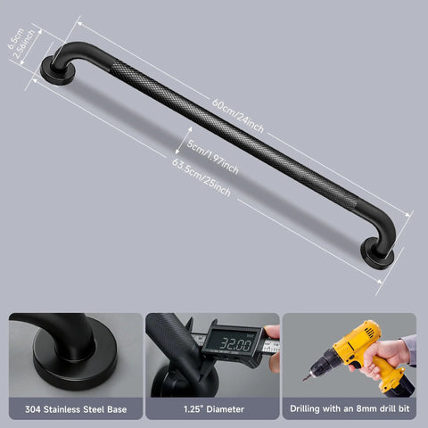 Heavy Duty Two Pack 24 Inch Shower Grab Bar Tough As Nails 1 Point 25 Inch Diameter Matte Black 304 Stainless Steel Knurled Safety Handrail For Seniors And Mobility Support with measurements.