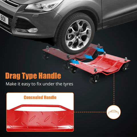 Move Your Ride Without Breaking A Sweat 6000 Lbs Capacity Wheel Dolly Set Of 4 Built Tough Steel Frame with drag handle under tire.