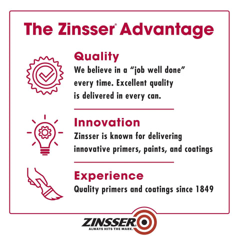 Zinsser Advantage highlighting quality, innovation, experience in primers, paints, and coatings with icons and text.