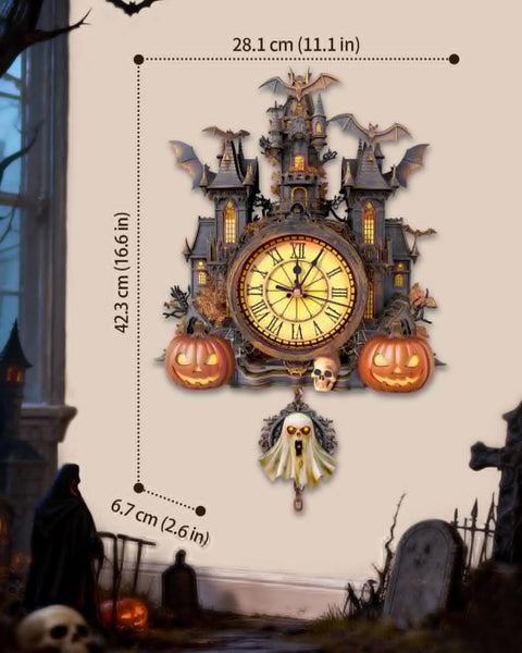 Front view of Halloween Castle 3D Puzzle Clock Kit For Adults With Pendulum DIY Wooden Clock Puzzle For Home Decor