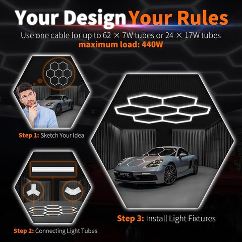 Hexagon LED Lights Power Cable With Switch Exclusively Compatible With Hexagon LED Panels High Capacity DIY Ready For Creative Hexagon Lighting Designs One Cable Powers Up To 62 7W Modules highlighting installation steps.