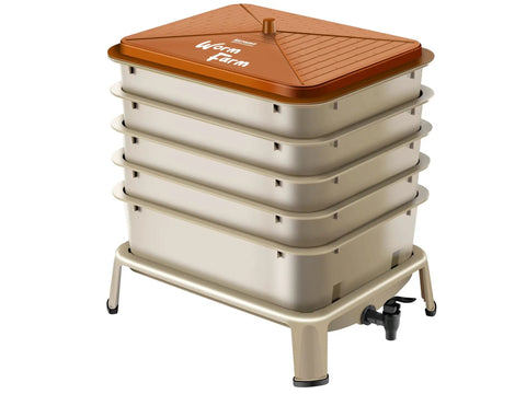 Five Tray Worm Compost Bin 53 Quart Vermicompost System For Indoor And Outdoor Use with worm farm starter kit, gold finish