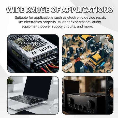 Killer Electrolytic Capacitor Assortment Kit With 630 Pieces And 24 Values Covering 0.1uF To 1000uF Aluminum Capacitors at 50V in diverse applications.