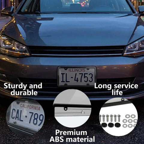 Clear Gray License Plate Frames With Anti Glare Vision Built Tough ABS Rustproof 2 Pack on front of gray car with screws